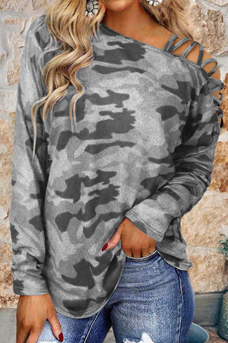 Camisetas casuales de moda con estampado de camuflaje y cuello oblicuo (4 colores)