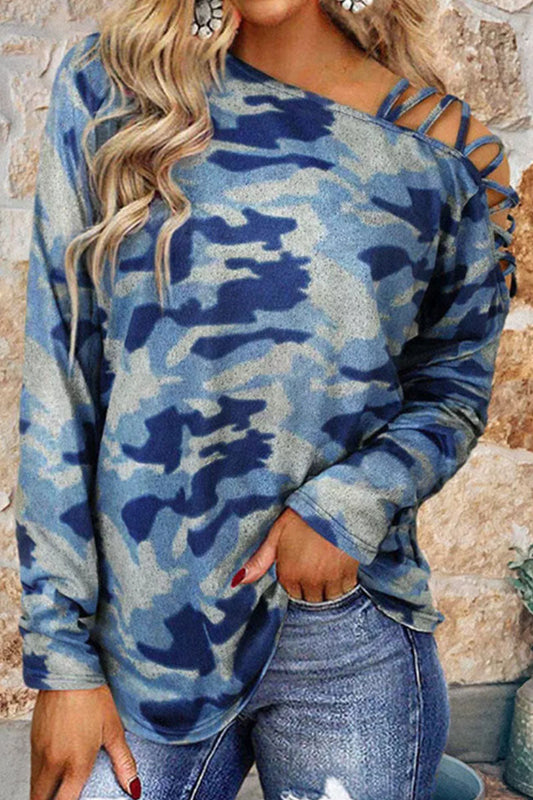 Camisetas casuales de moda con estampado de camuflaje y cuello oblicuo (4 colores)
