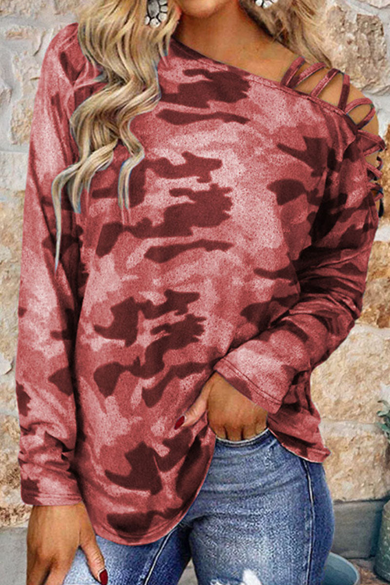 Camisetas casuales de moda con estampado de camuflaje y cuello oblicuo (4 colores)