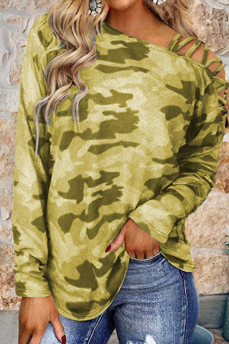Camisetas casuales de moda con estampado de camuflaje y cuello oblicuo (4 colores)