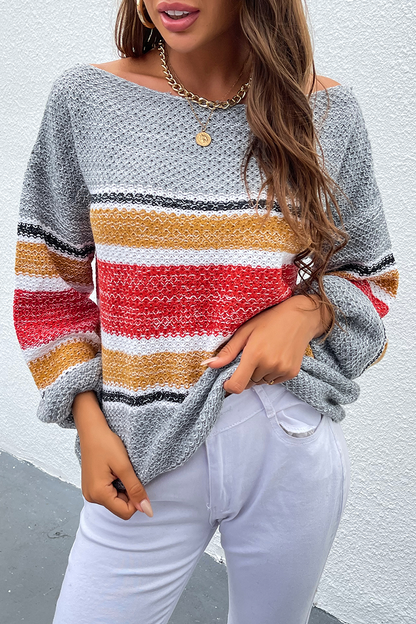 Casual Striped Patchwork Off the Shoulder Tops Sweater