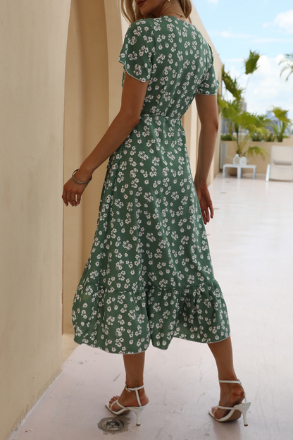 Sweet Elegant Floral Frenulum Flounce V Neck A Line Dresses(4 Colors)