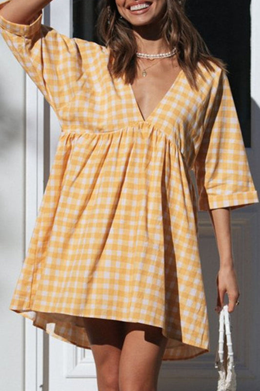 Casual Plaid Patchwork V Neck Princess Dresses