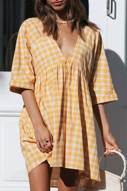 Casual Plaid Patchwork V Neck Princess Dresses