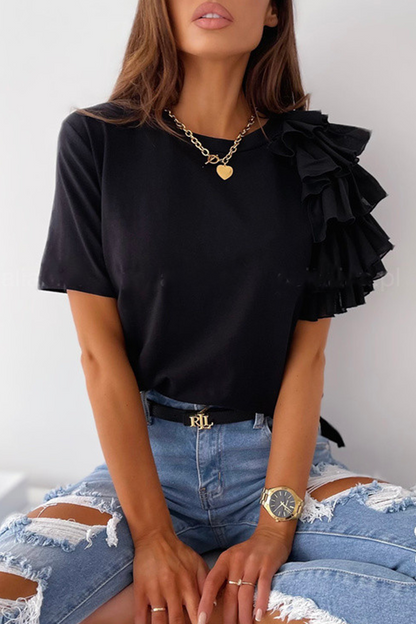 Camisetas casuales de cuello redondo con volantes y patchwork liso (4 colores)