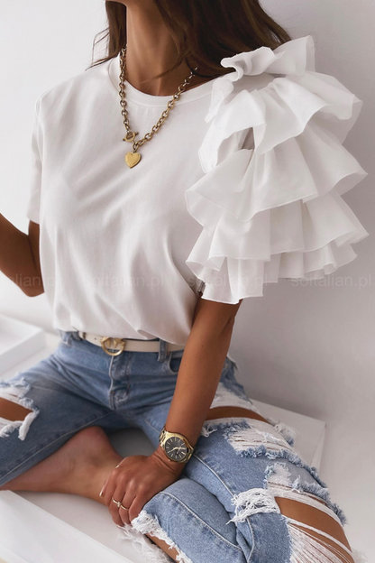 Camisetas casuales de cuello redondo con volantes y patchwork liso (4 colores)