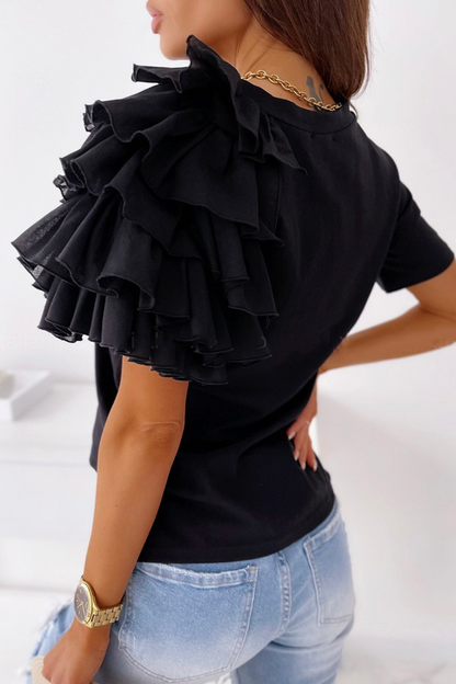 Camisetas casuales de cuello redondo con volantes y patchwork liso (4 colores)