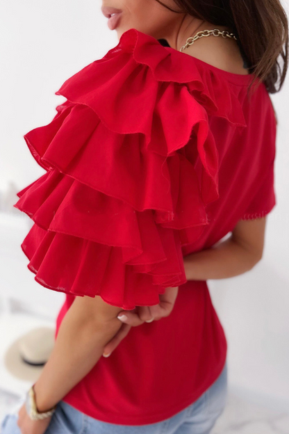 Camisetas casuales de cuello redondo con volantes y patchwork liso (4 colores)