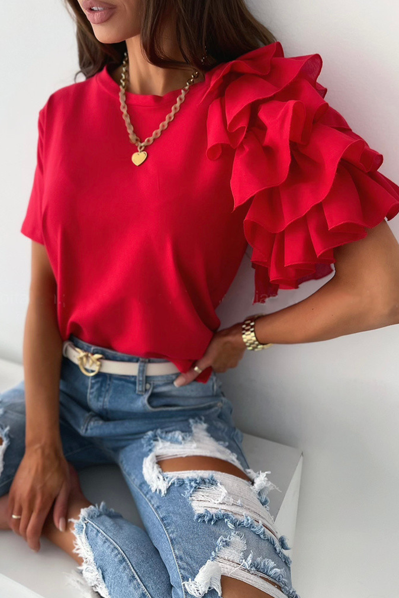 Camisetas casuales de cuello redondo con volantes y patchwork liso (4 colores)