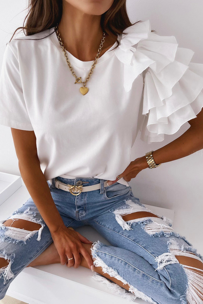 Camisetas casuales de cuello redondo con volantes y patchwork liso (4 colores)