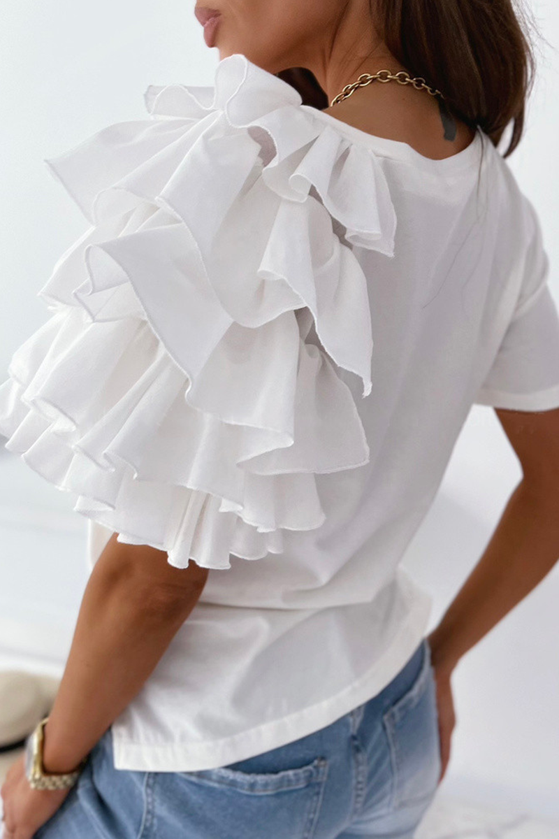 Camisetas casuales de cuello redondo con volantes y patchwork liso (4 colores)