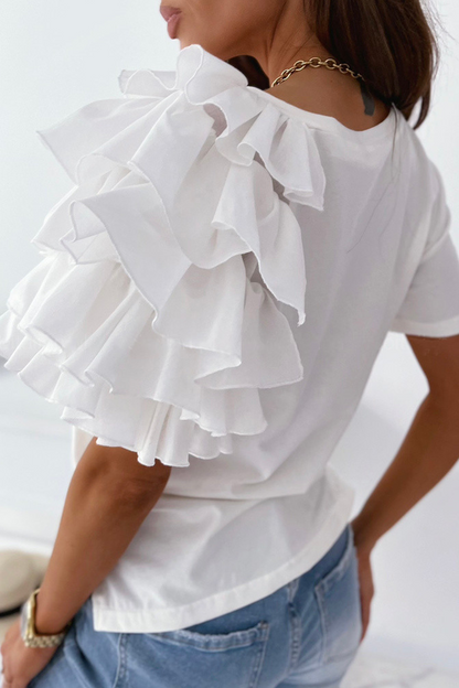 Camisetas casuales de cuello redondo con volantes y patchwork liso (4 colores)