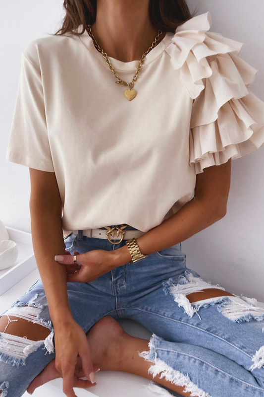 Camisetas casuales de cuello redondo con volantes y patchwork liso (4 colores)