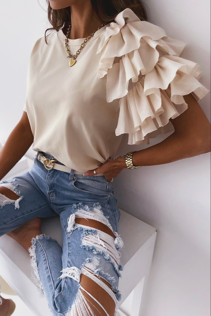 Camisetas casuales de cuello redondo con volantes y patchwork liso (4 colores)