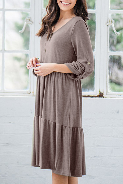 Casual Solid Split Joint Buckle V Neck A Line Dresses