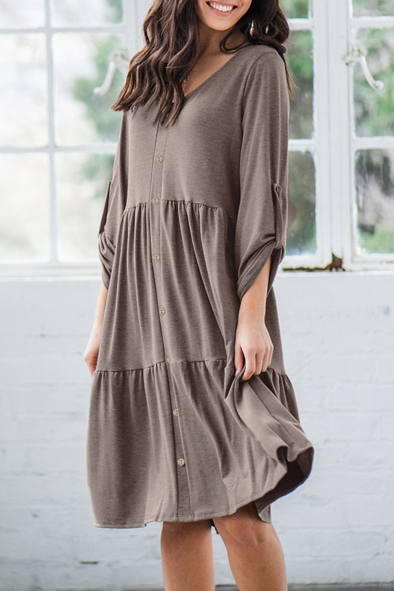 Casual Solid Split Joint Buckle V Neck A Line Dresses