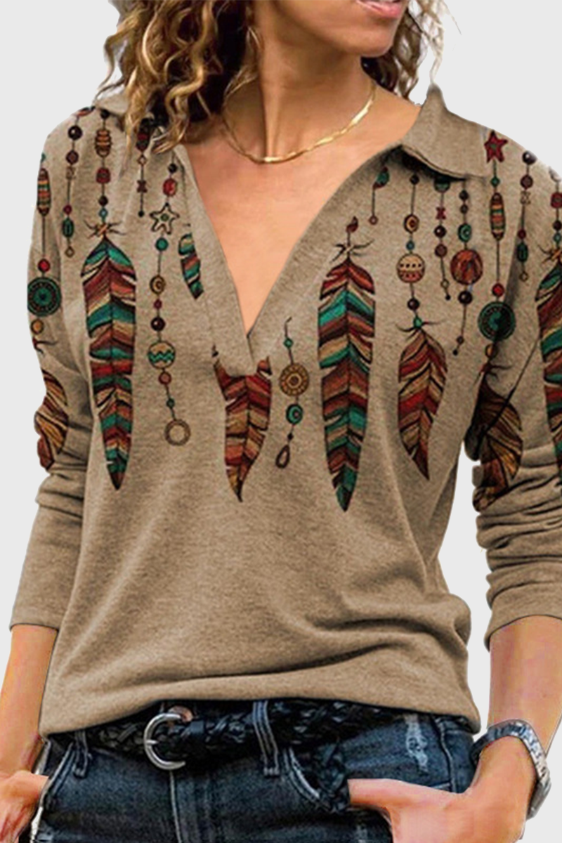 Tops casuales con cuello en V y patchwork con estampado vintage