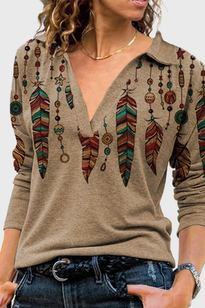 Tops casuales con cuello en V y patchwork con estampado vintage