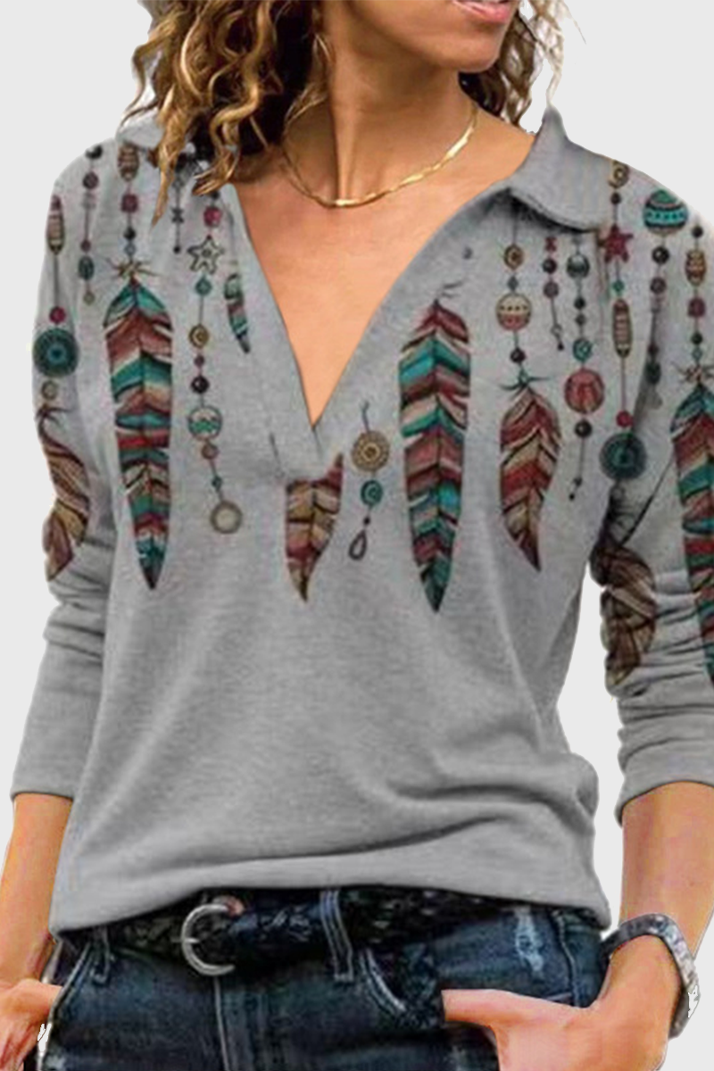 Tops casuales con cuello en V y patchwork con estampado vintage
