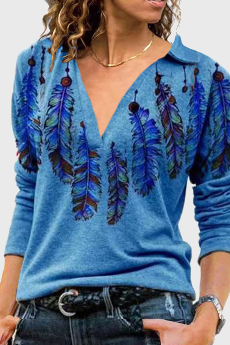 Tops casuales con cuello en V y patchwork con estampado vintage