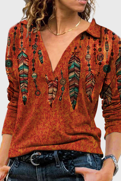 Tops casuales con cuello en V y patchwork con estampado vintage