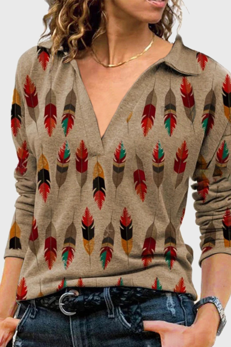 Tops casuales con cuello en V y patchwork con estampado vintage