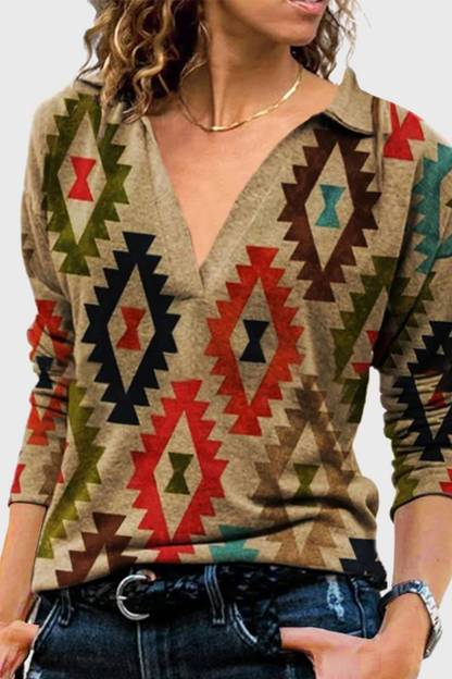 Tops casuales con cuello en V y patchwork con estampado vintage