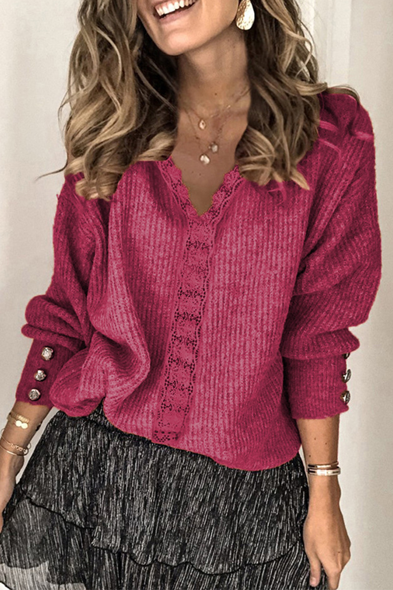 Tops casuales de encaje liso con hebilla y escote en V (12 colores)