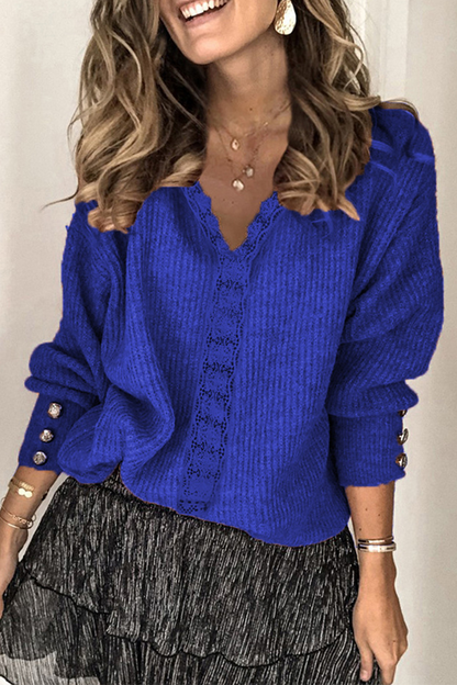 Tops casuales de encaje liso con hebilla y escote en V (12 colores)