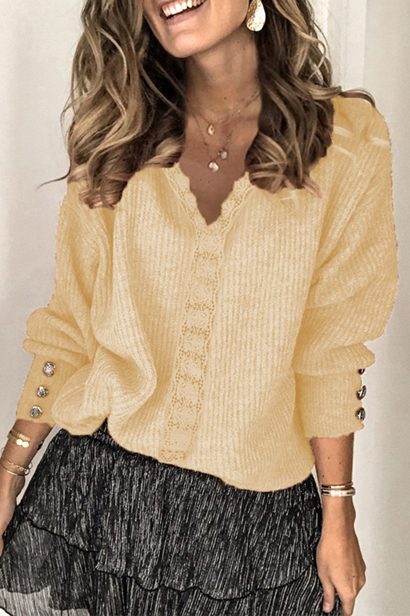 Tops casuales de encaje liso con hebilla y escote en V (12 colores)