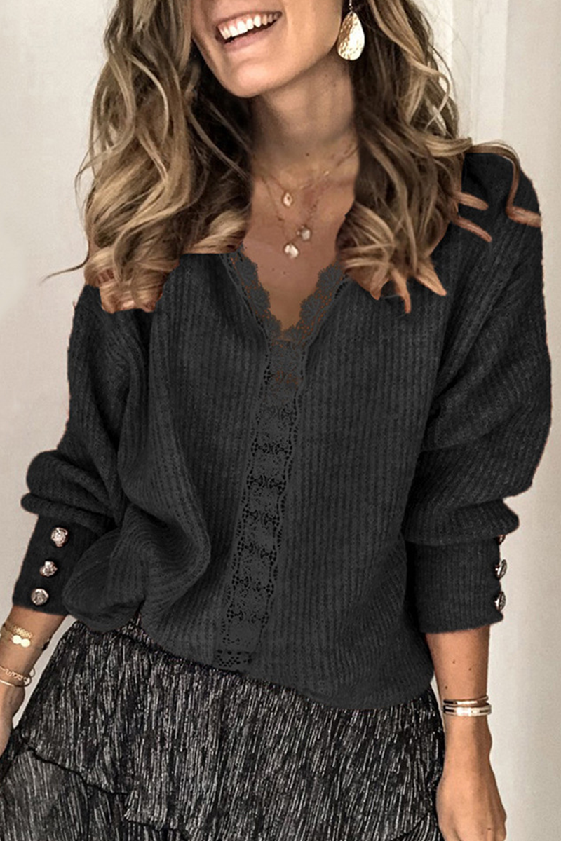 Tops casuales de encaje liso con hebilla y escote en V (12 colores)