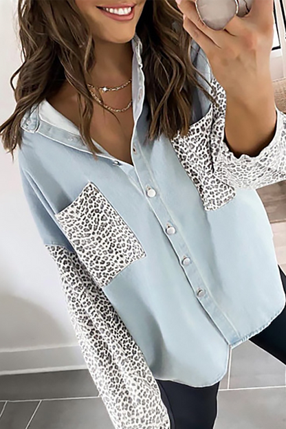 Casual Leopard Split Joint Buckle Turndown Collar Tops