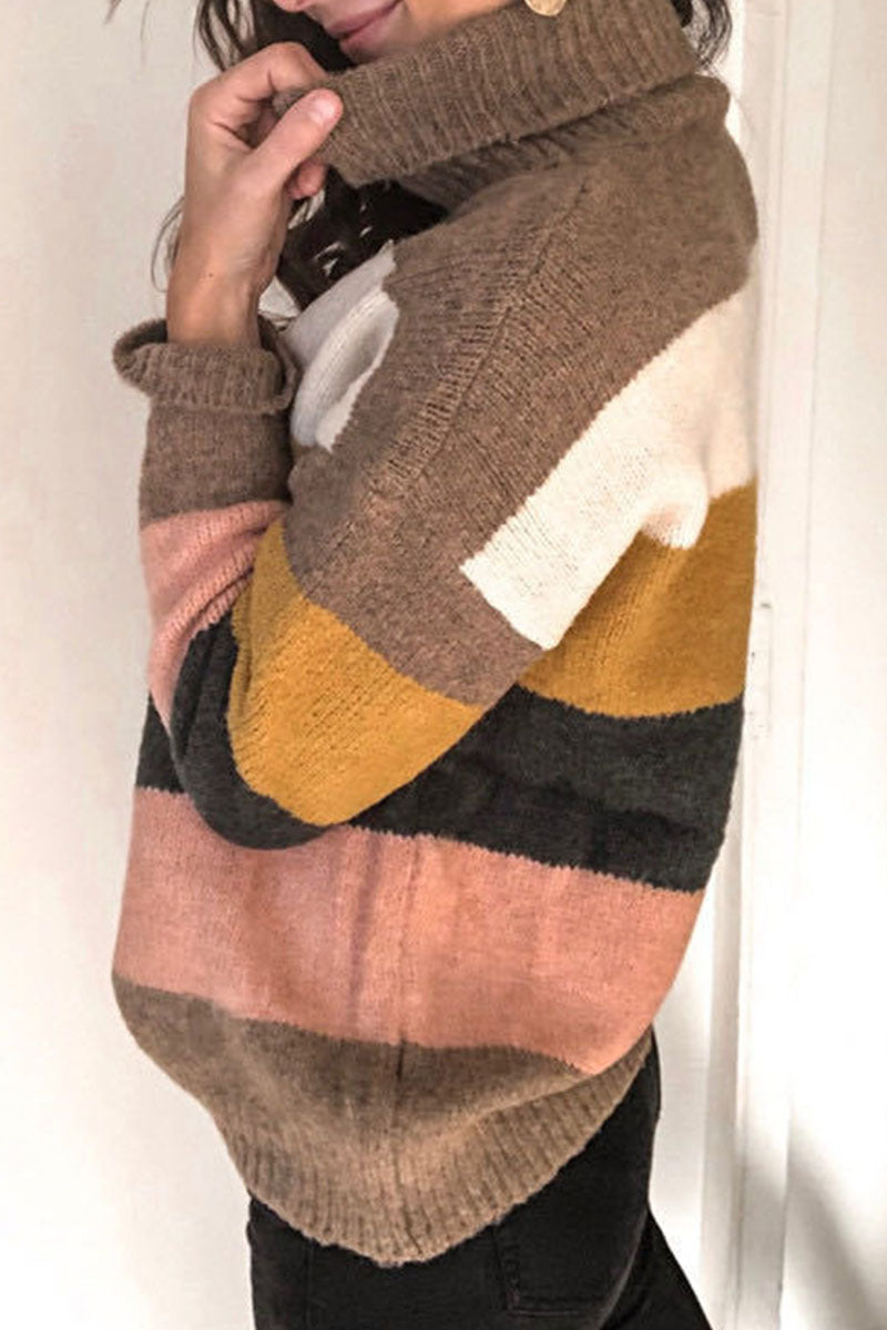 Tops de cuello alto con patchwork a rayas de moda urbana