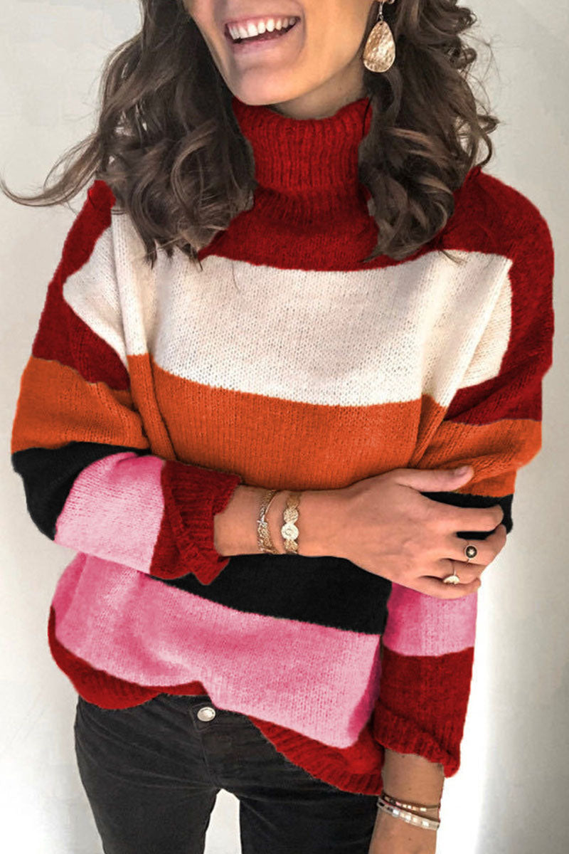 Tops de cuello alto con patchwork a rayas de moda urbana