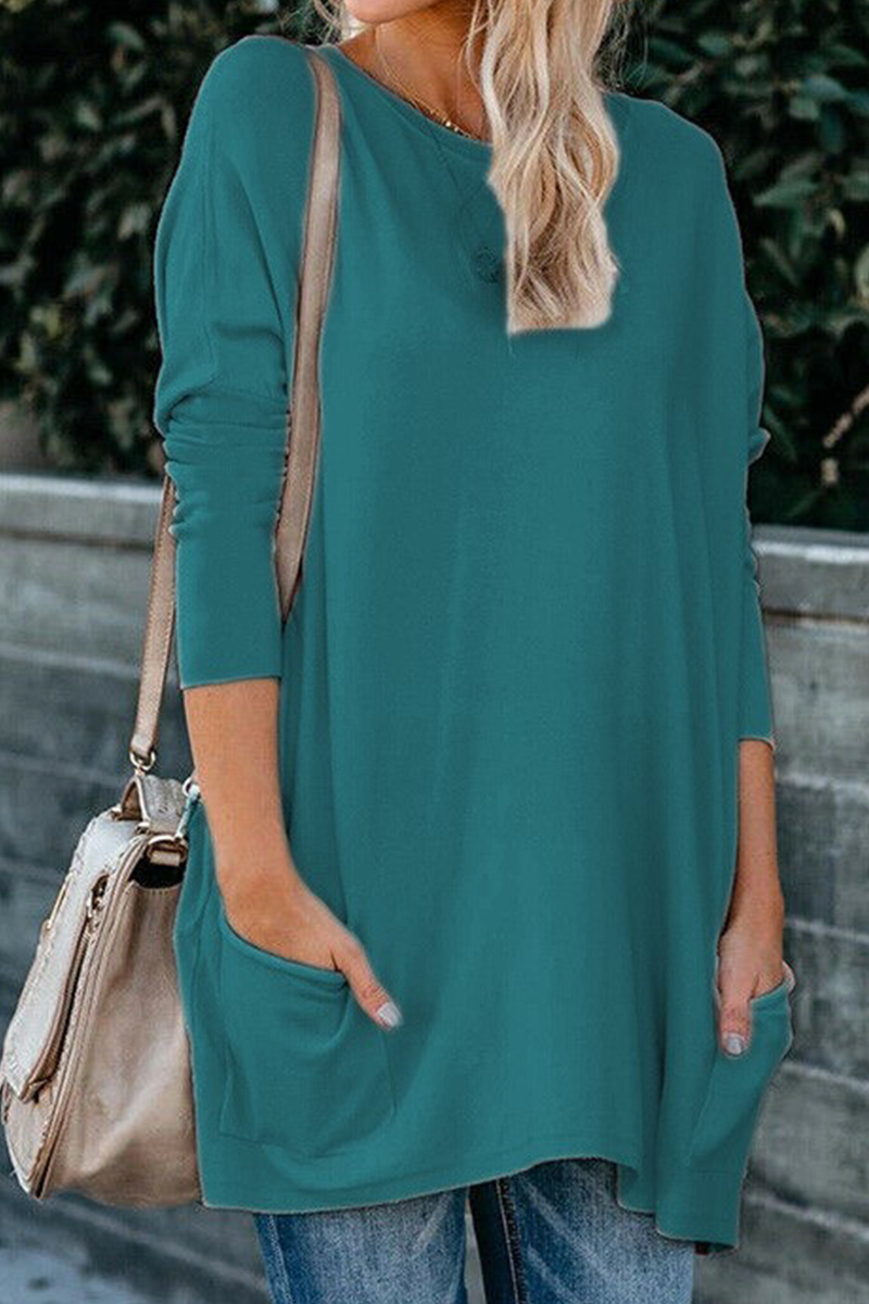 Tops casuales de cuello redondo con bolsillos y parches sólidos