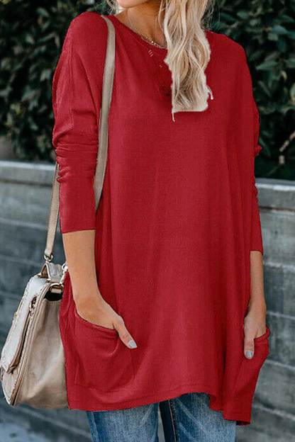 Tops casuales de cuello redondo con bolsillos y parches sólidos