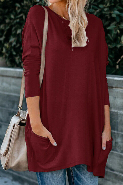 Tops casuales de cuello redondo con bolsillos y parches sólidos