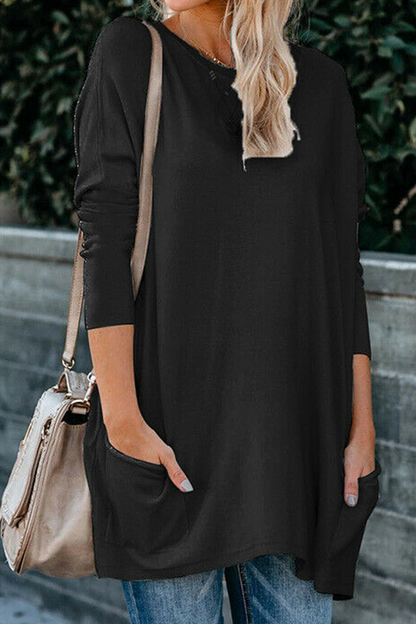 Tops casuales de cuello redondo con bolsillos y parches sólidos