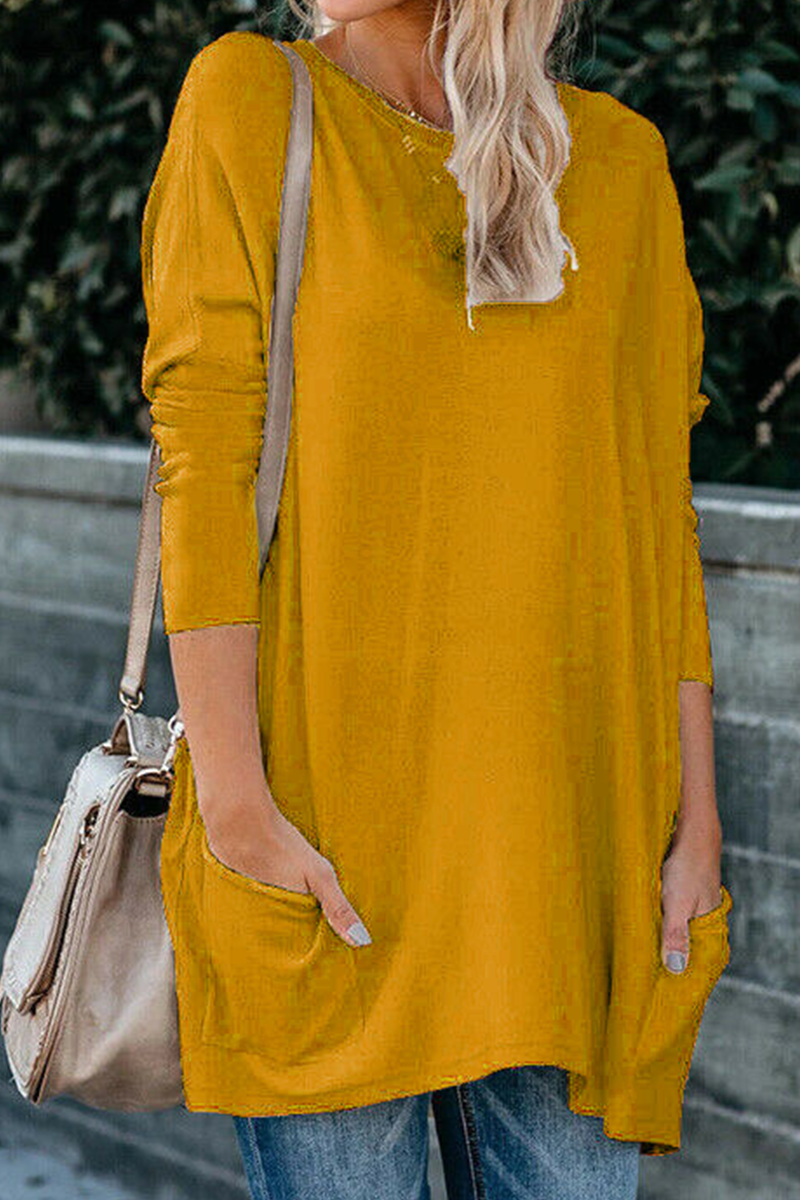 Tops casuales de cuello redondo con bolsillos y parches sólidos