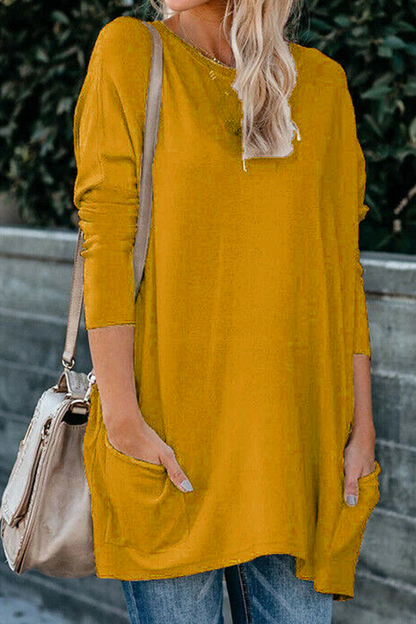 Tops casuales de cuello redondo con bolsillos y parches sólidos