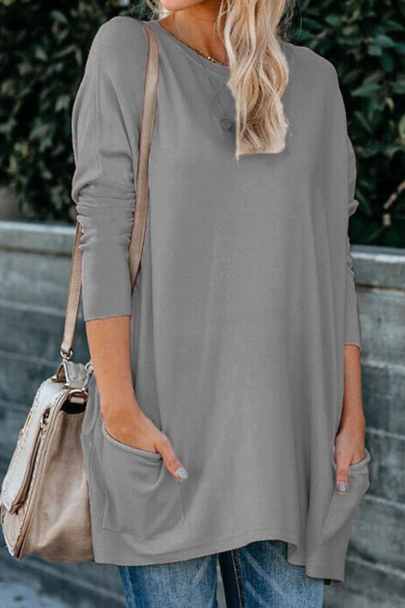 Tops casuales de cuello redondo con bolsillos y parches sólidos