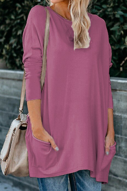 Tops casuales de cuello redondo con bolsillos y parches sólidos