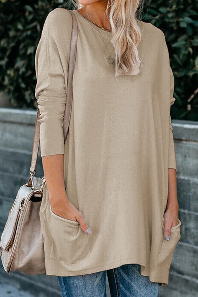 Tops casuales de cuello redondo con bolsillos y parches sólidos