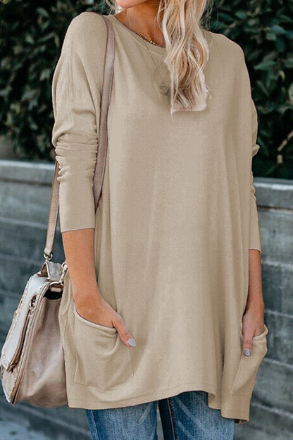 Tops casuales de cuello redondo con bolsillos y parches sólidos