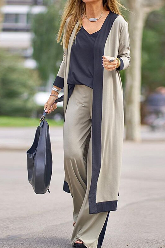 Conjunto informal elegante de tres piezas con cuello en V y manga larga en contraste (4 colores)