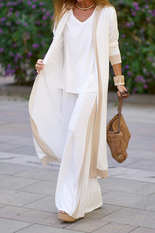 Conjunto informal elegante de tres piezas con cuello en V y manga larga en contraste (4 colores)