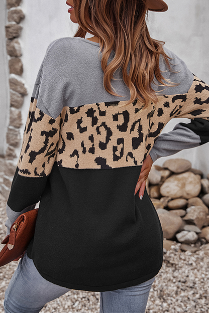 Casual Leopard Patchwork Contrast O Neck Sweaters(4 Colors)