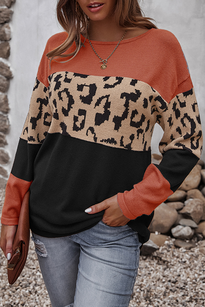Casual Leopard Patchwork Contrast O Neck Tops
