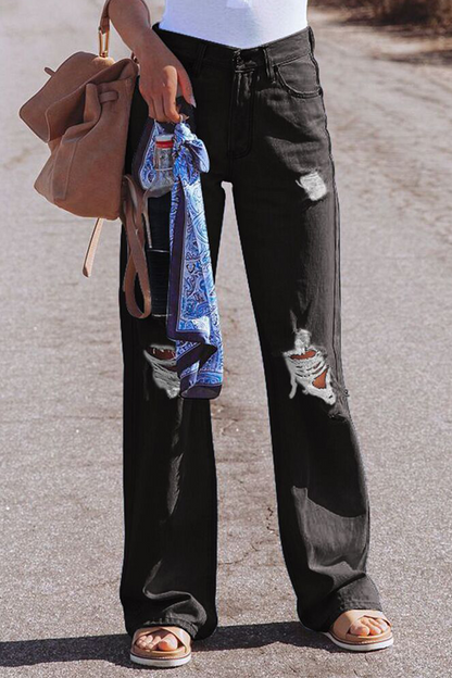 Pantalones de color liso con cintura media, pierna ancha y rotos de estilo urbano