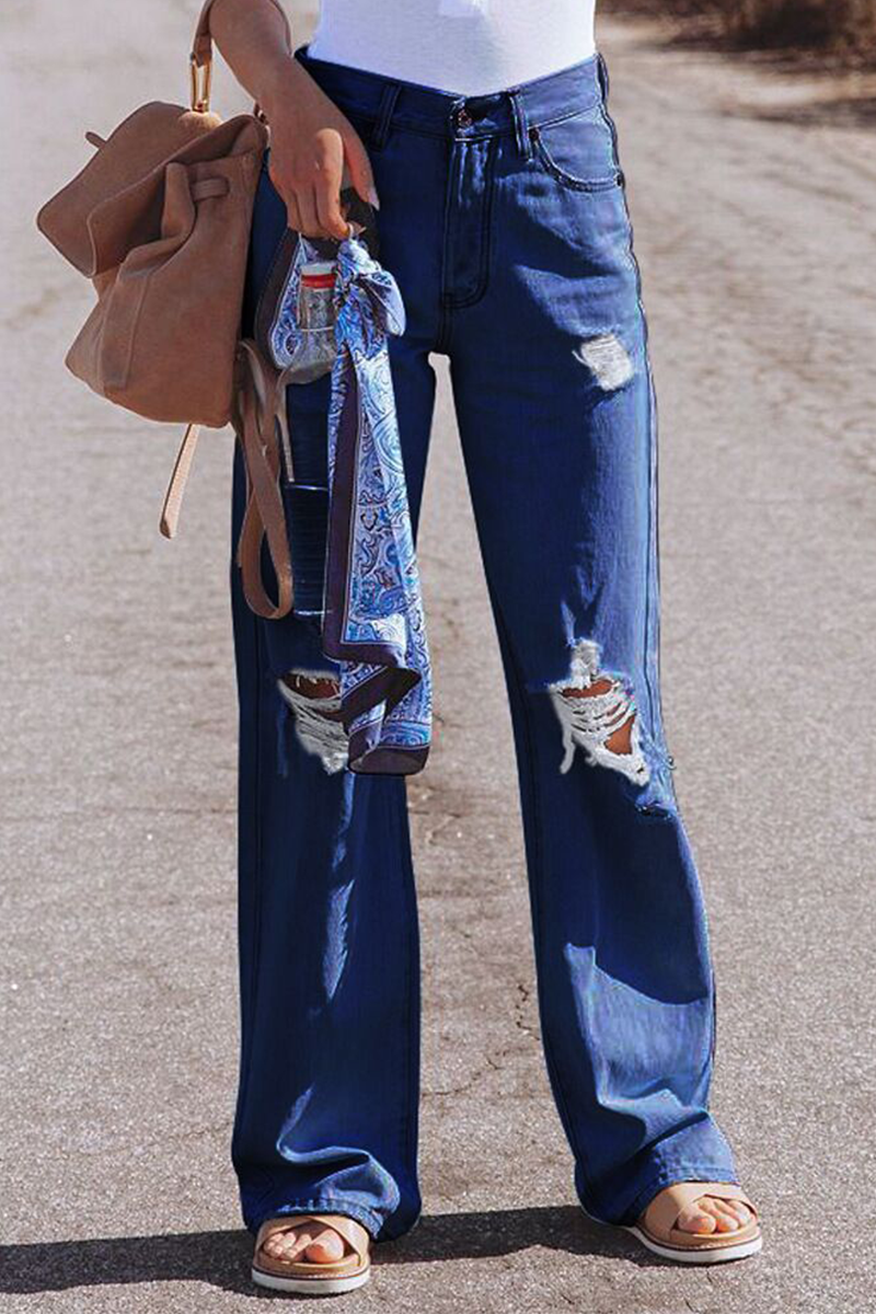 Pantalones de color liso con cintura media, pierna ancha y rotos de estilo urbano